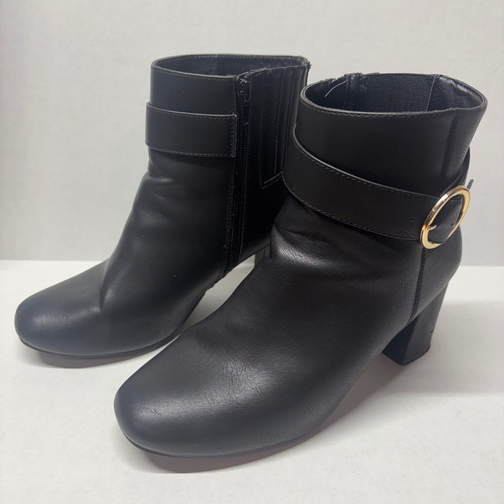Eloquii Women Brigitte Ankle Boots Size 9W Black Gold Buckle Block Heel Zip